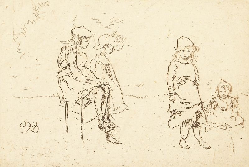 James McNeill Whistler (1834-1903), Etching: James McNeill Whistler (1834-1903), Etching titled "The Menpes Children," etching on antique laid paper, signed in the plate with Whistler's butterfly monogram. Plate 2.75 x 4 in.; Paper 10.5 x 8 in. 