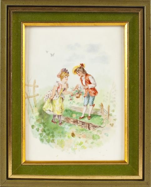 KPM Porcelain Plaque: KPM Porcelain Plaquehand-painted of a couple in 18th century attire gathering flowers, signed en verso "Elisabeth Eilers 4/10 1894" and with impressed scepter mark and "KPM."SS 10 x 7.5 in.; DOA 13.5