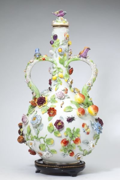 An Impressive Carl Thieme Porcelain Covered Vase: An Impressive Carl Thieme Porcelain Covered Vase by Carl Thieme Potschappel factory, 1888-1901, underglaze blue cross and letter T to bottom. Double handled bottle form with domed cover, encrusted wit