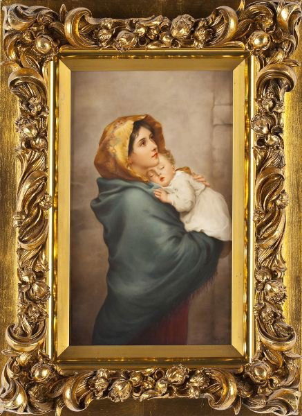 Large KPM Porcelain Plaque of "Madonna Feruzzi": Large KPM Porcelain Plaque of "Madonna Feruzzi"German, late 19th century, hand-painted after Roberto Ferruzi, signed "Wagner," the verso with an impressed KPM mark, the title in manuscript, retains th