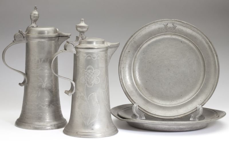 Group of Antique Pewter Tablewares: Group of Antique Pewter Tablewares five pieces including a basin monogrammed "MVF" with illegible stamp to back (11 in. diameter); (2) monogrammed basins marked "M.P. 1752" and "M.P. 1746," (9.5 in. d