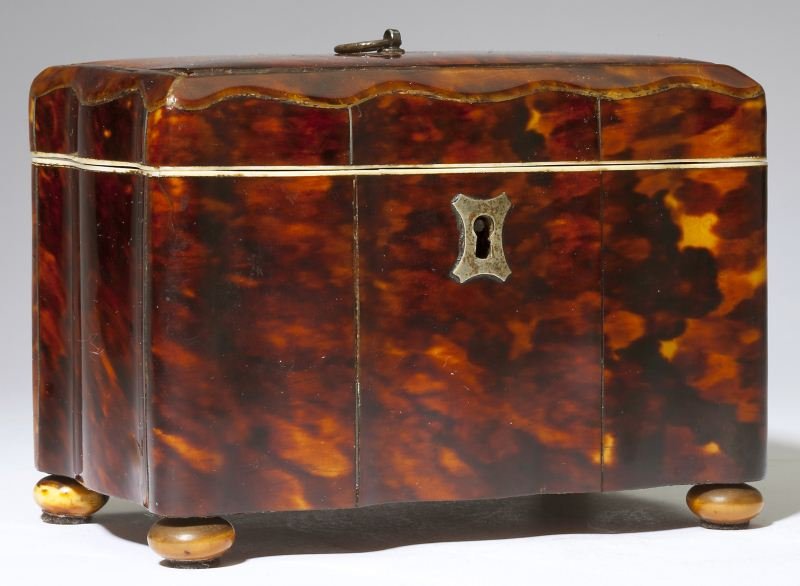 19th Century Tortoise Shell Box: 19th Century Tortoise Shell Box scalloped sides and lid, metal lock with key present, ivory or bone strips applied to the interior lid and box edges to create an inlaid look when the lid is closed, th