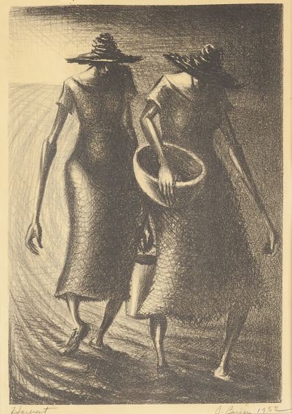 John Biggers (NC, 1924-2001), "Harvest": John Biggers (NC, 1924-2001), "Harvest" lithograph, pencil signed and dated at lower right "J. Biggers '52," titled at lower right "Harvest," matted and framed under glass. Paper 19.75 x 15 in.; Image