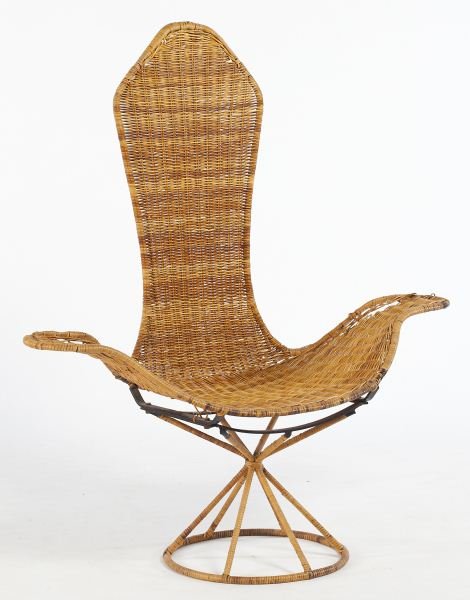 Danny Ho Fong, Wave Chair: Danny Ho Fong, Wave Chair circa 1970, black iron frame and woven cane. 49.5 x 45 x 20 in. Eye-catching and attractive organic shape, Danny Ho's designs are part of the permanent MOMA collection, NY.