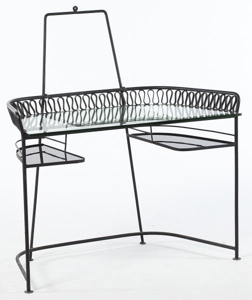 John B. Salterini, Ribbon Vanity: John B. Salterini, Ribbon Vanity (Italian/American, 1928-1953) circa 1950s, wrought iron vanity with mirrored glass top and two black glass shelves, unmarked. 45.5 x 42 x 22 in.