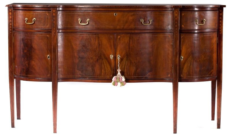 Custom Hepplewhite Style Sideboard: Custom Hepplewhite Style Sideboard serpentine form, 20th century, mahogany, mahogany veneers with string inlay, top edge decorated with an unusual light and dark wood running ribbon inlay, each door a
