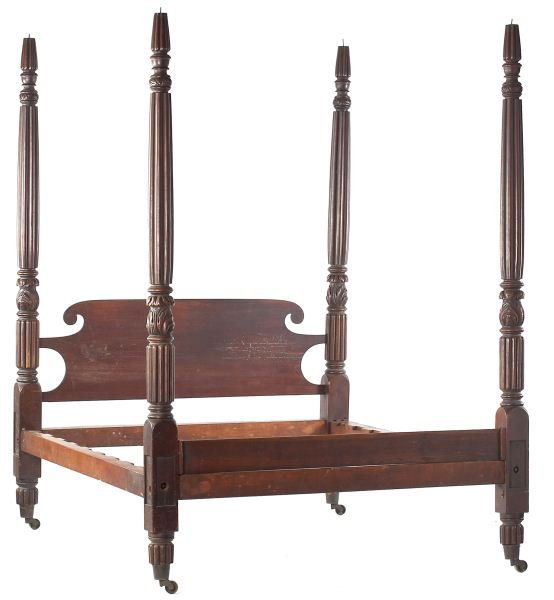 American Classical Tall Post Bed: American Classical Tall Post Bedcirca 1840s, mahogany, having a headboard with scrolled ears and low footboard, all posts reeded and tapered with acanthus carvings, turned reeded feet on period brass
