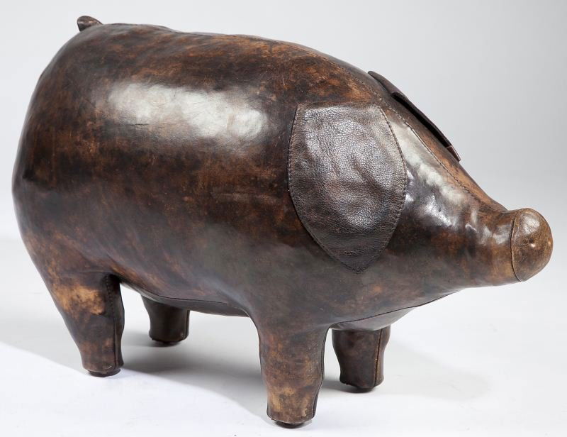 Leather Pig Foot Rest: Leather Pig Foot Rest20th century, English, antique finish, folksy style.17 x 29.5 in.Collection of a Gentleman, Raleigh, NC Purchased at Scully and Scully, New York, NY