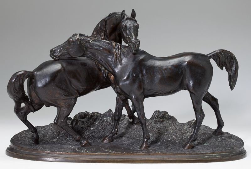 Pierre Jules Mene (Fr., 1810-1879), "L'Accolade": Pierre Jules Mene (Fr., 1810-1879), "L'Accolade" bronze, signed "P.J. Mene," a study of a courting Arabian mare and stallion," on integral molded base. 5.5 x 13 x 8 in.