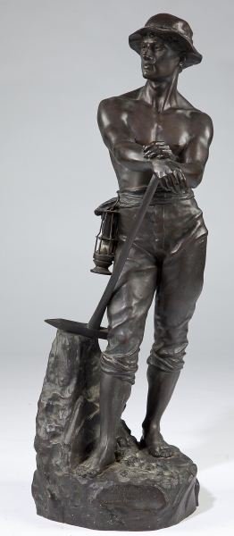 Charles-Octave Levy (French), "Mineur": Charles-Octave Levy (French), "Mineur"(1820-1899) a patinated bronze sculpture, late 19th century, depicting a young miner at rest, he stands upon a separately cast naturalistic base, its top signed "