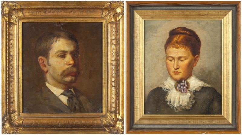 Continental School (19th c.), Pair of Portraits: Continental School (19th c.), Pair of Portraits each painting is oil on artists' board; the first depicting a young woman with a painting of a mounted huntsman on the verso, illegible signature at low