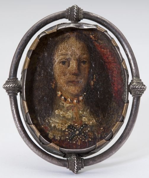 Antique Continental Portrait Miniature: Antique Continental Portrait Miniature possibly Spanish, 18th century or earlier, painted on copper, portrait of a woman with long hair in a white metal frame. 2.25 x 1.75 in.