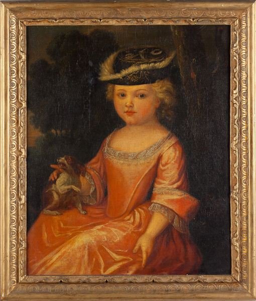 German School Portrait of a Child, 17th century: German School Portrait of a Child, 17th century oil on canvas (lined), unsigned, three quarter length portrait of a young girl in a pink gown and wearing an embroidered and fur trimmed hat is seated w