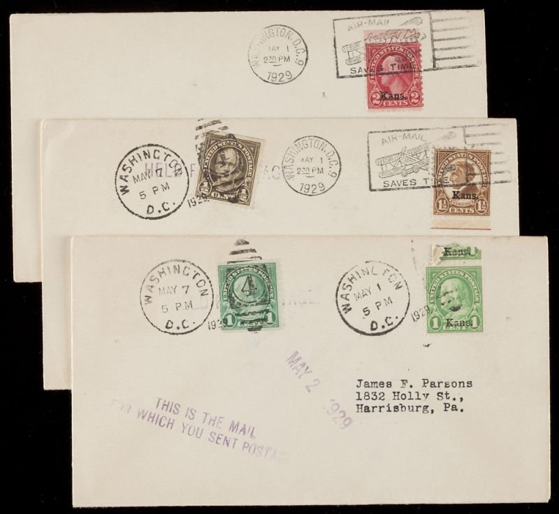 Scott #658-79 Complete Kansas-Nebraska Cover Sets: Scott #658-79 Complete Kansas-Nebraska Cover Sets (22) singles with May 1, 1929 Washington, D. C. machine First Day cancels on covers addressed to James F. Parsons, Harrisburg, PA. Personal Collection