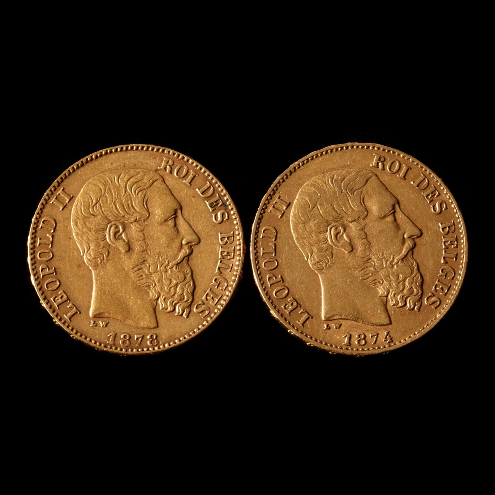 Two (2) Belgian Gold 20 Francs of Leopold II, 1874 and 1878 (1 of 3)