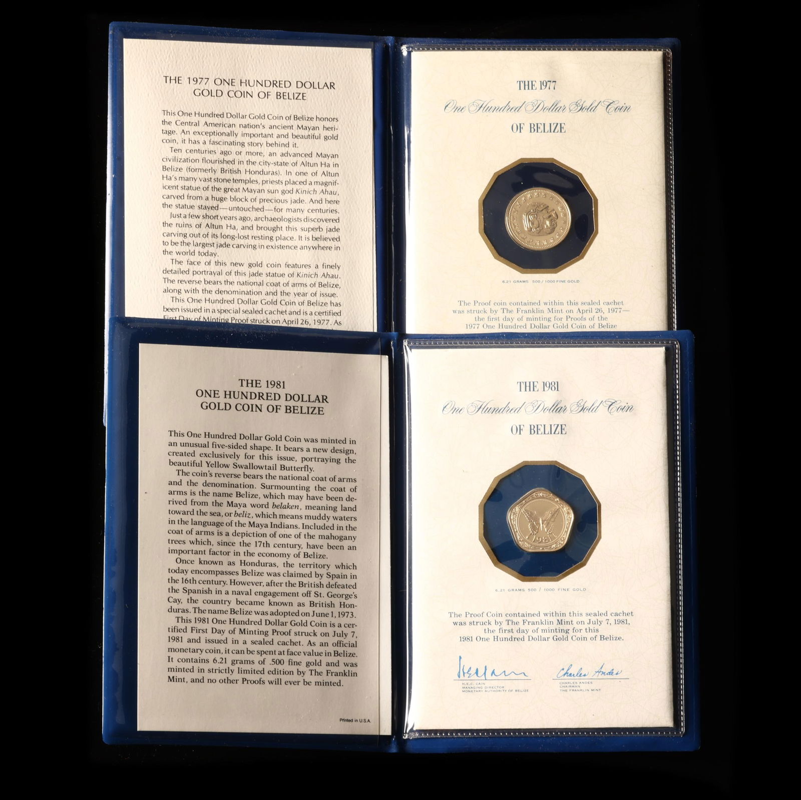 Belize, Two (2) Proof One Hundred Dollar Gold Coins By The Franklin