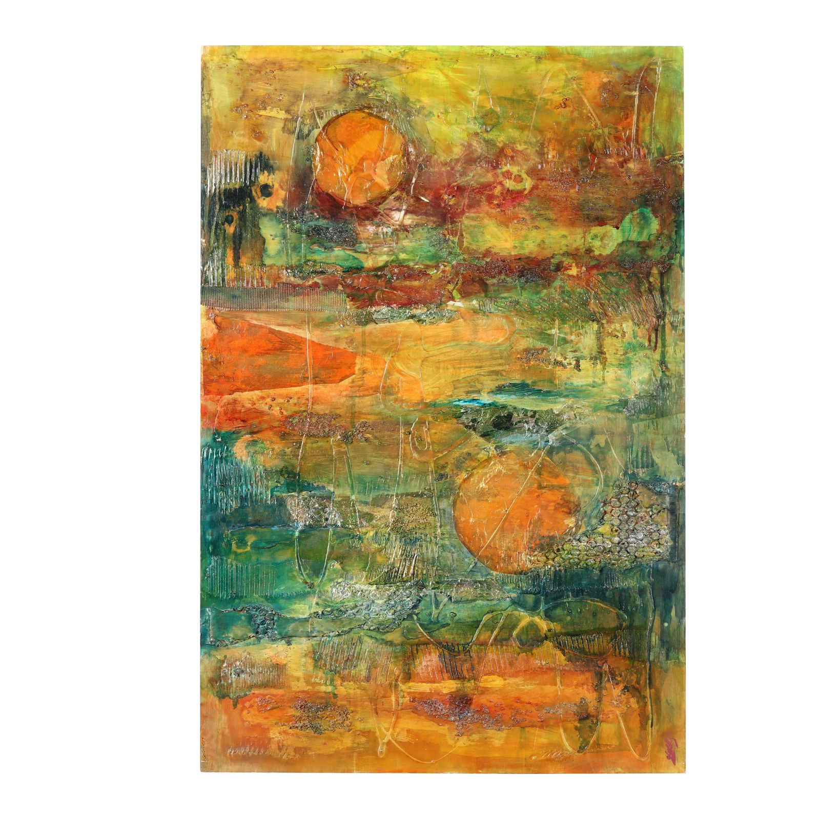 Jillian Goldberg (NC), Untitled: Jillian Goldberg (NC), Untitledacrylic and mixed media on panel, signed at the upper and lower left corners, inscribed to the verso, unframed. 23 3/4 x 35 3/4 in. Jillian is a contemporary abstract ar