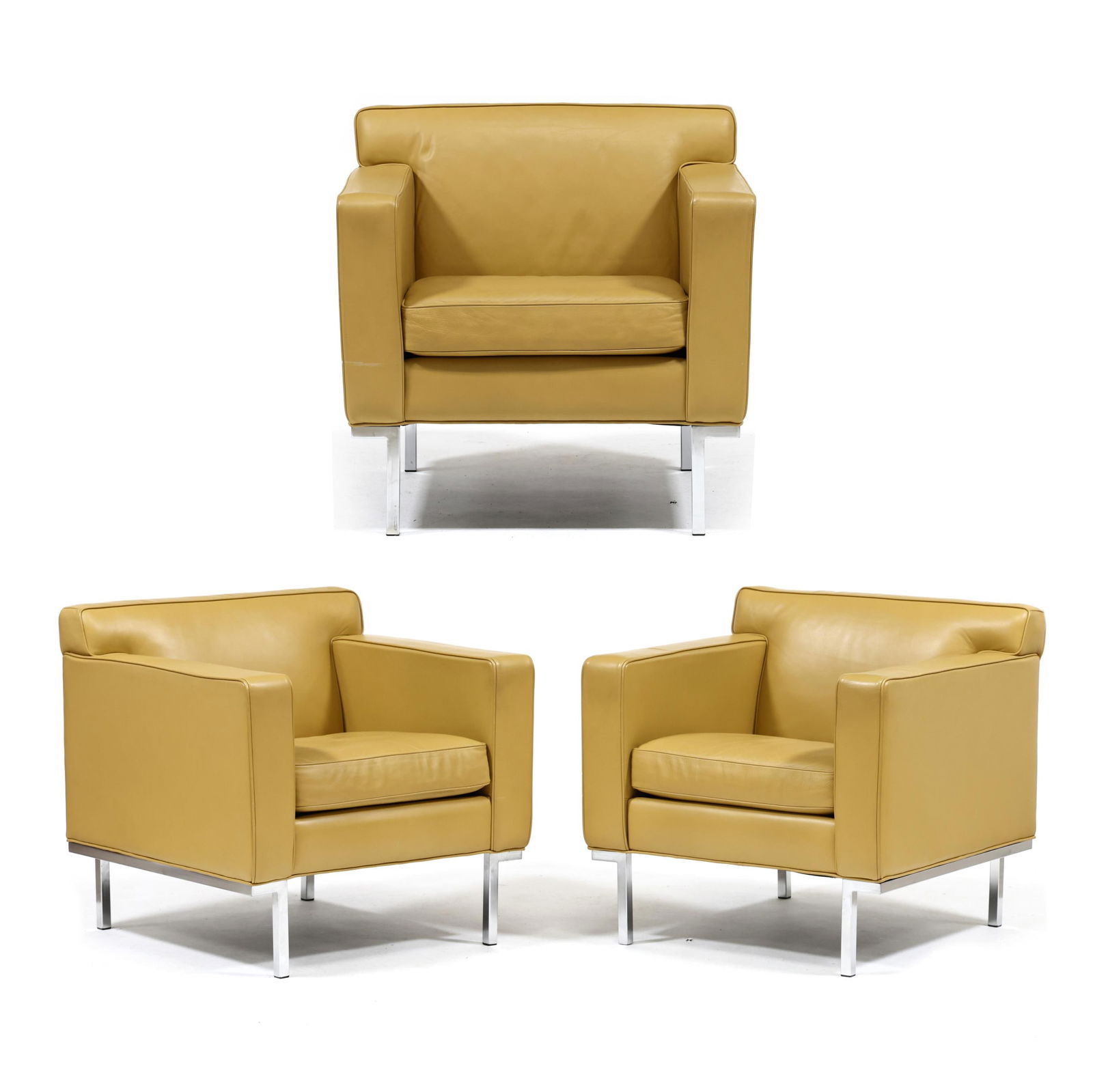 Design Within Reach, Three Theatre Leather Club Chairs: Design Within Reach, Three Theatre Leather Club Chairscontemporary, designed by Ted Boerner, camel colored leather, single velcro seat cushion, polished steel tubular legs, labeled. 30.5 x 31.25 x 30.