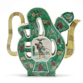 A Chinese Porcelain Famille Verte Puzzle Teapot