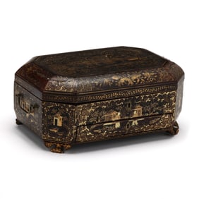 A Chinese Export Lacquered and Gilt Sewing Box