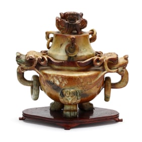A Large Chinese Carved Soapstone Censer with Cover