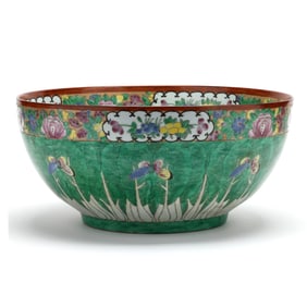 A Grand Chinese Export Porcelain Famille Verte Cabbage Leaf Punch Bowl