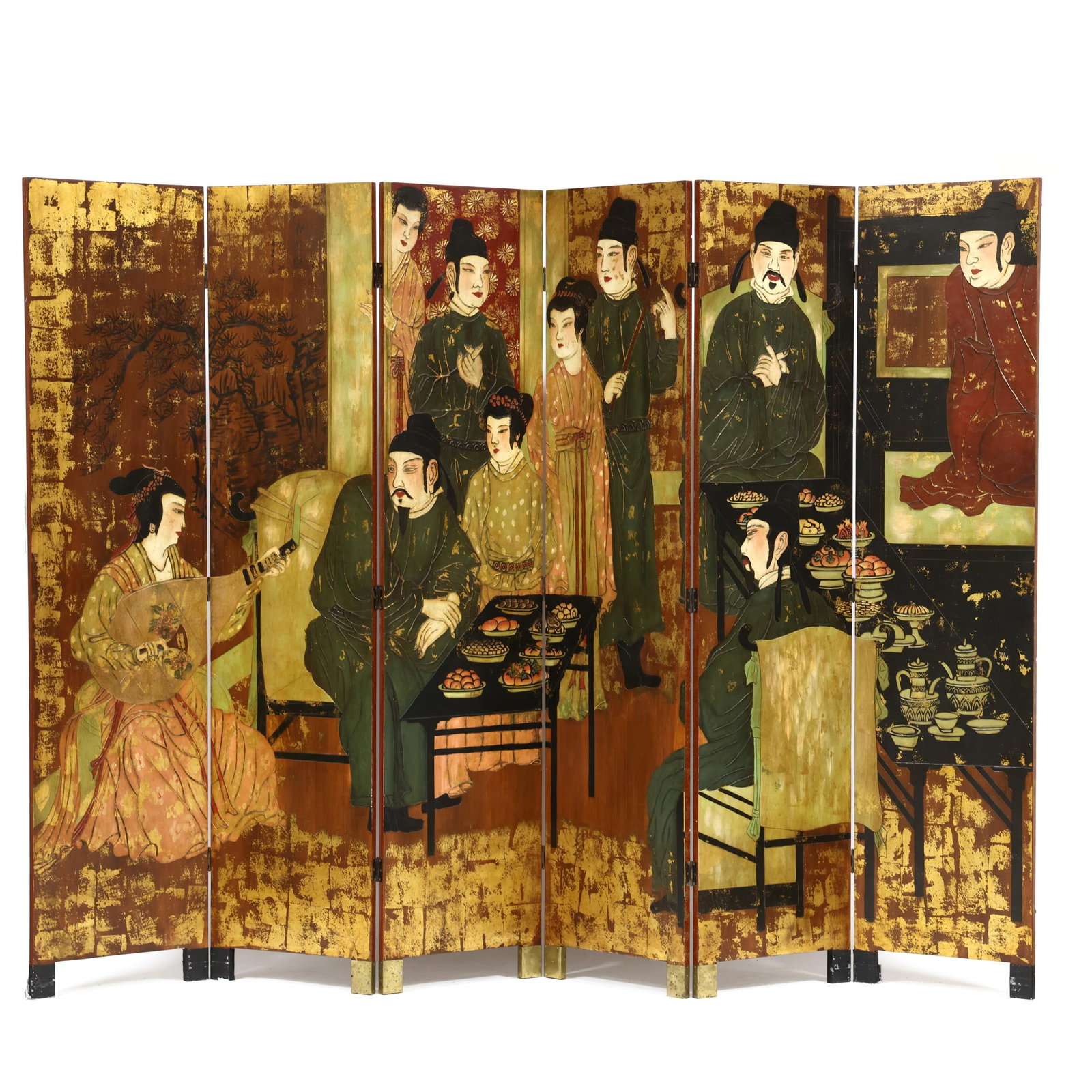 A Chinese Style Red Ground Carved Folding Screen (1 of 5)
