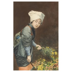 A Vintage Japanese Watercolor Painting of a Young Woman, Signed