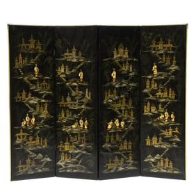 Hand Painted Four Panel Leather Screen in Chinoiserie Style