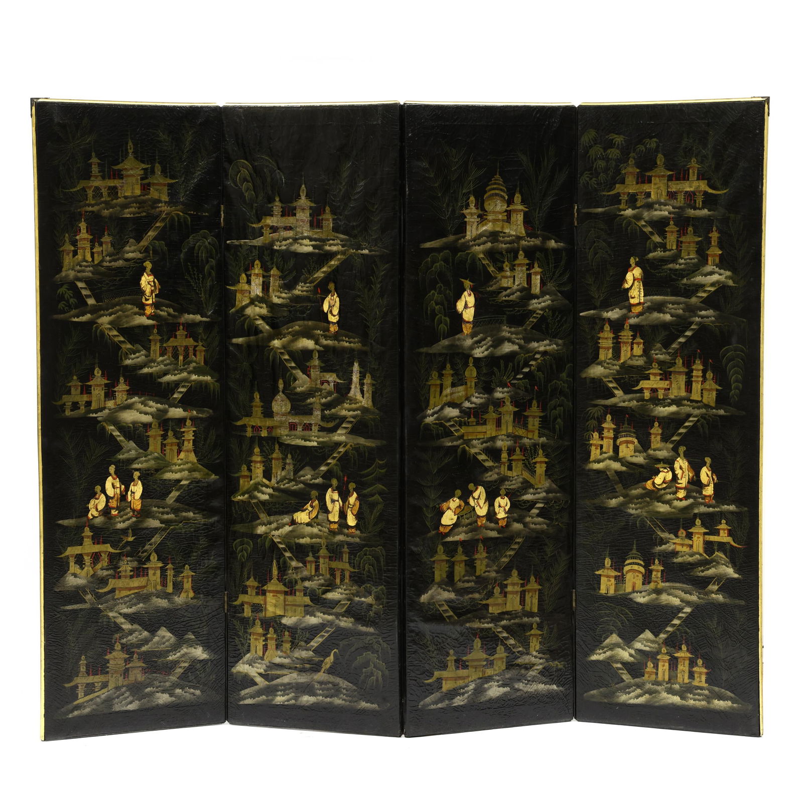 Hand Painted Four Panel Leather Screen in Chinoiserie Style (1 of 6)