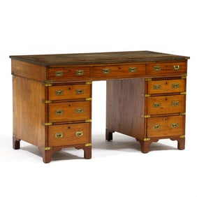 Antique English Mahogany Campaign Style Double Pedestal Desk