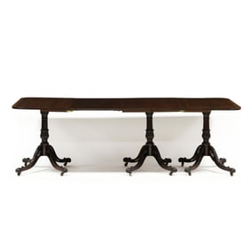 Fine Edwardian Carved and Inlaid Mahogany Triple Pedestal Dining Table