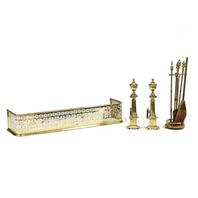 Brass Fireplace Fender, Tools and Andirons