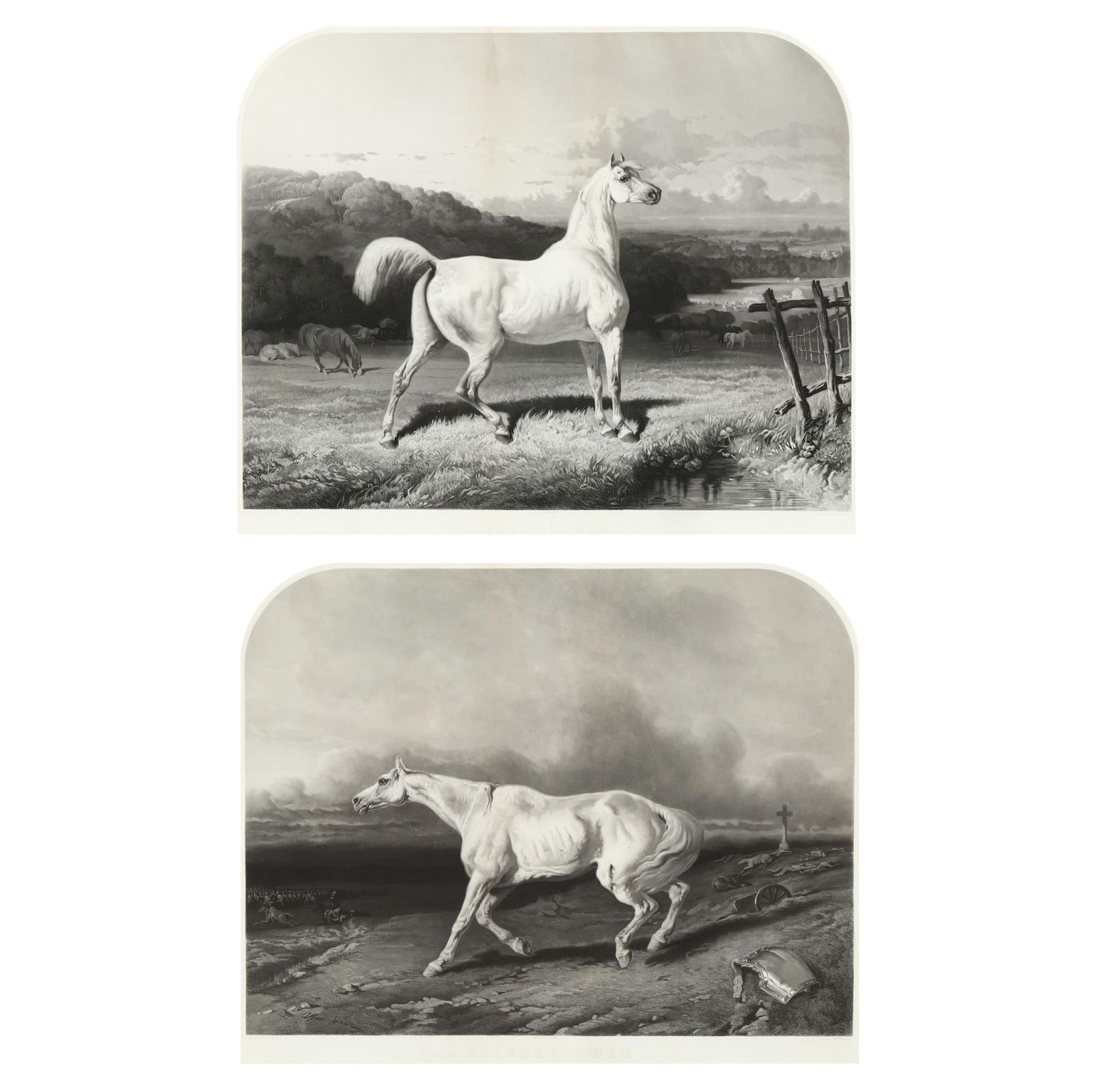 After Alfred De Dreux (French, 1810-1860), La Guerre / La Paix: After Alfred De Dreux (French, 1810-1860), La Guerre / La Paixeach a mezzotint engraving on paper, engraved by Alexandre Manceau (French, 1817-1889), presented in conforming wood frames below glass. F