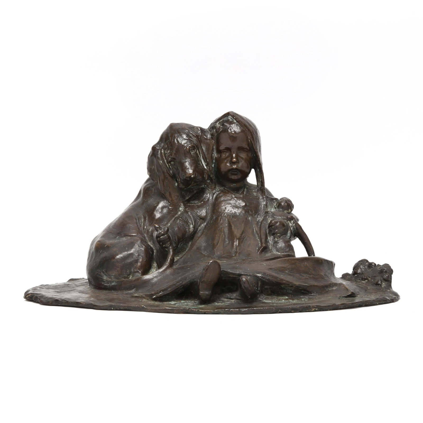 Szigfrid Pongracz (Hungarian, 1872-1929), The Loyal Friend: Szigfrid Pongracz (Hungarian, 1872-1929), The Loyal Friend patinated bronze, depicting a young girl holding a doll seated on a naturalistic base with a puppy, signed at the rim of the base. 9 x 18 x 1