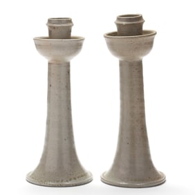 A Pair of Jugtown Pottery, NC, Salt Glazed Candlesticks