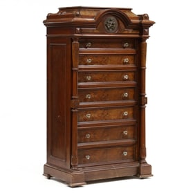 American Renaissance Revival Burl Walnut Lock-Side Chest of Drawers