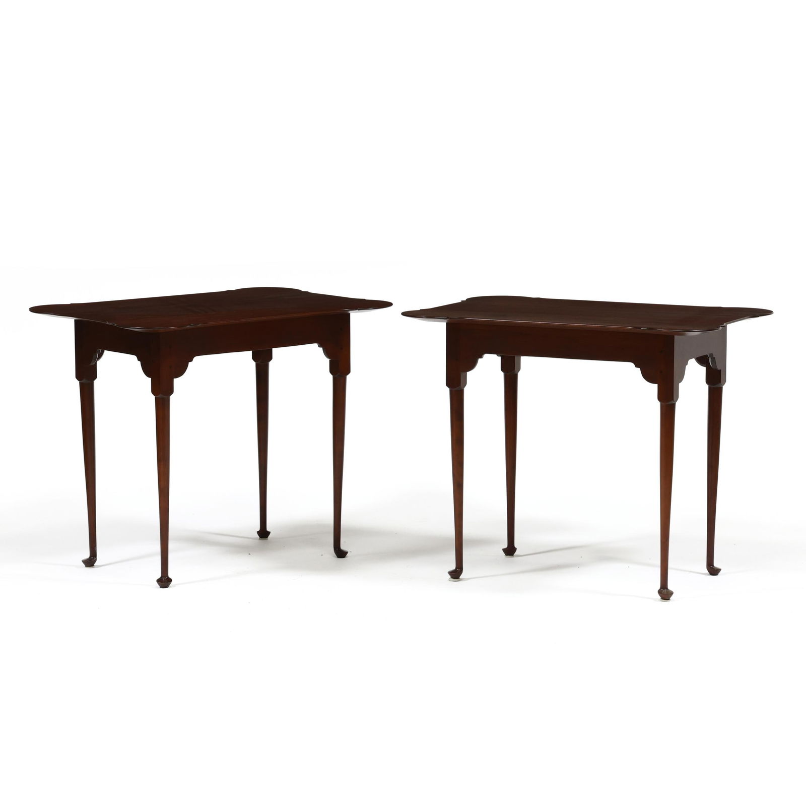 D.R. Dimes, Pair of Federal Style Cherry Tea Tables: D.R. Dimes, Pair of Federal Style Cherry Tea Tableslate 20th century, rectangular tops with porringer corners, beveled edge to underside, flush skirts with arched returns, straight tapered legs with p