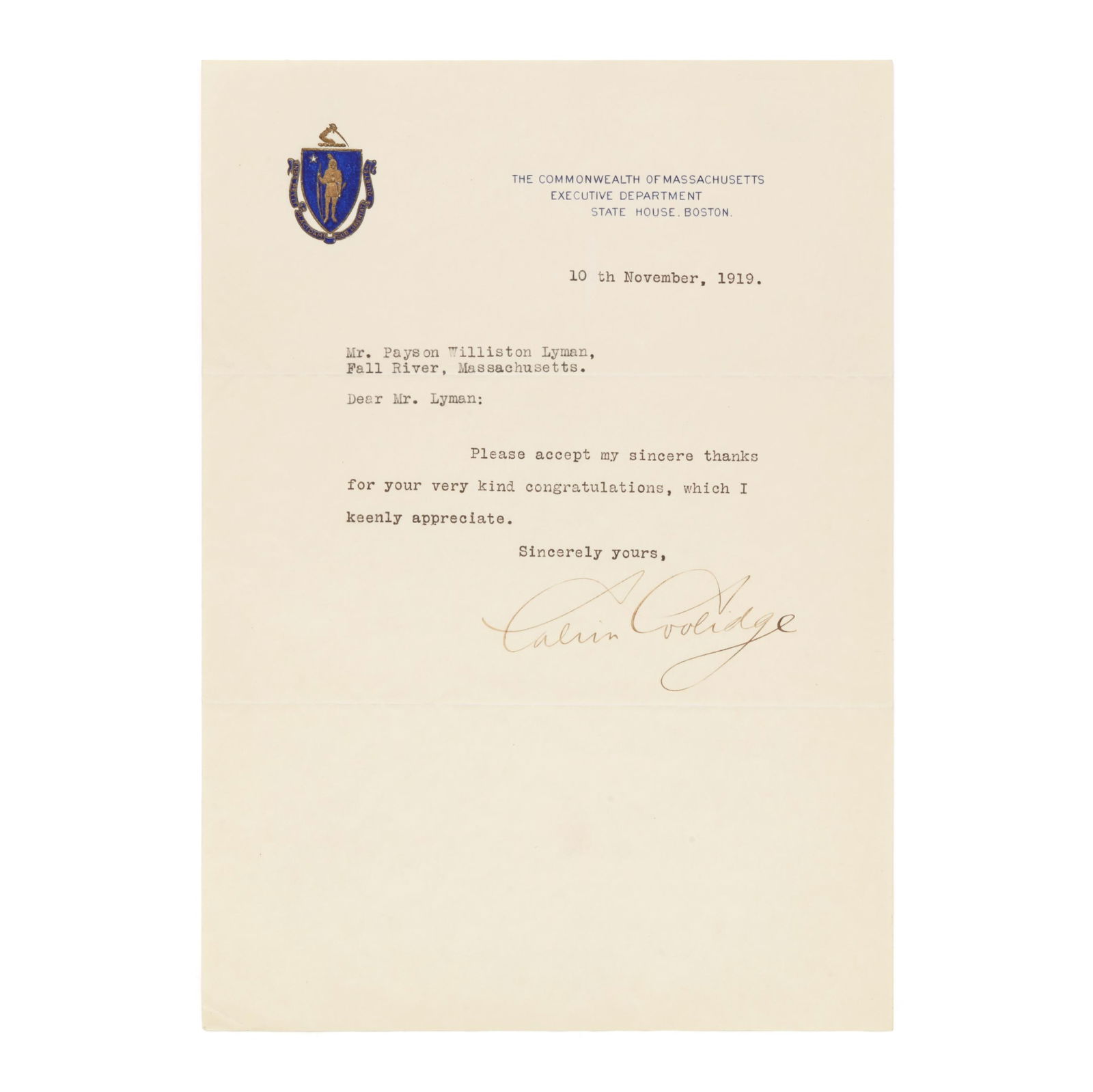 Calvin Coolidge (1872-1933), 30th U.S. President, Typed Letter Signed (1 of 4)
