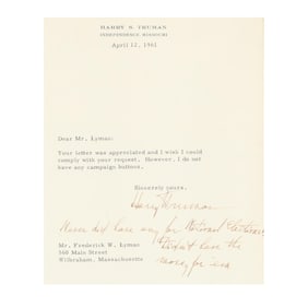 Seven (7) Harry Truman Buttons with a Humorous Letter About Buttons