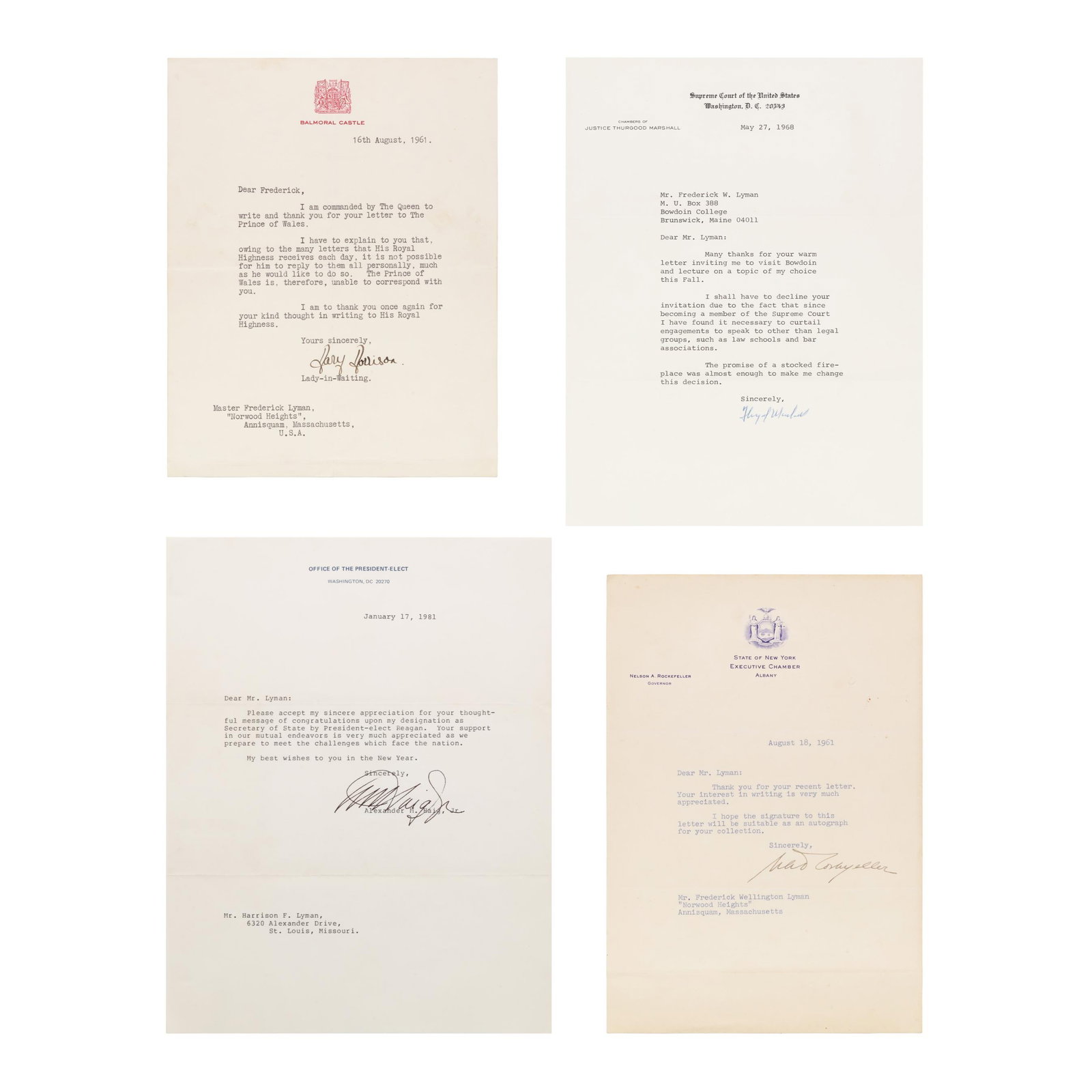 Three Letters by 20th Century Political Luminaries and One From Britain: Three Letters by 20th Century Political Luminaries and One From Britain the first three to members of the Lyman Family, to include: Nelson Rockefeller (1961); Thurgood Marshall (1968, with envelope), 