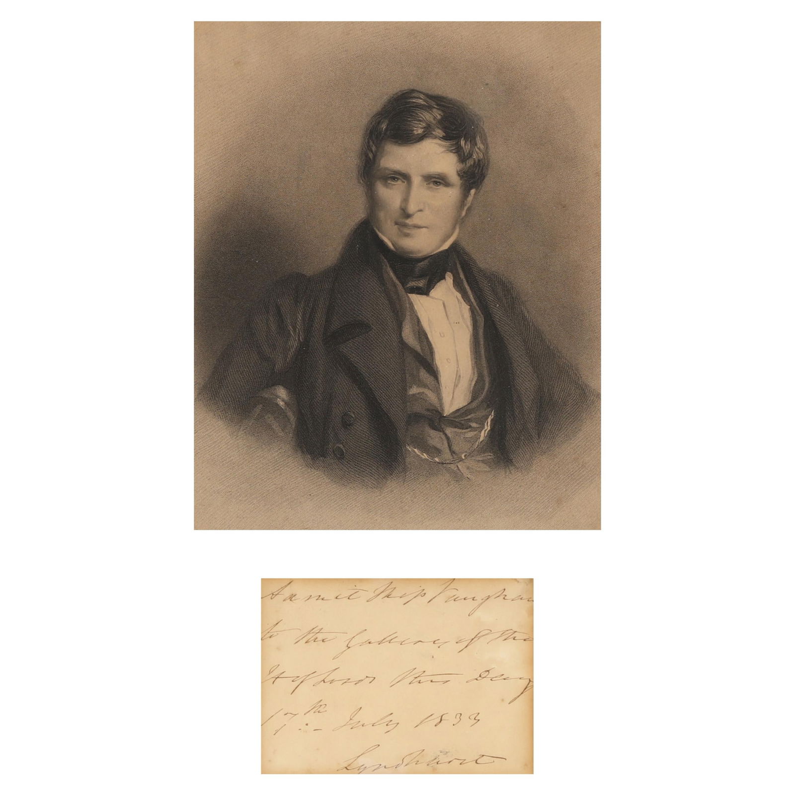 After Alfred Edward Chalon (1780-1860), Portrait of John Singleton Copley, with Document: After Alfred Edward Chalon (1780-1860), Portrait of John Singleton Copley, with Documentengraving on paper, published 1836, engraved by Richard Austin Artlett (English, 1807-1873), presented framed wi