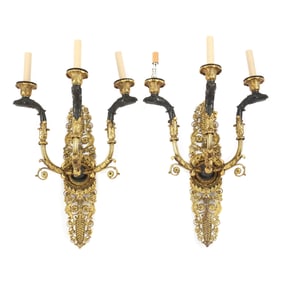 Pair of French Empire Style Ormolu and Patinated Bronze Wall Sconces