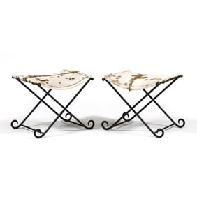 Pair of Iron and Cowhide Curule Style Stools
