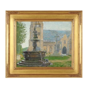 Continental School (20th Century), Impressionistic Landscape with Church and Fountain