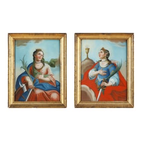 A Pair of Continental Reverse Glass Paintings of Female Saints