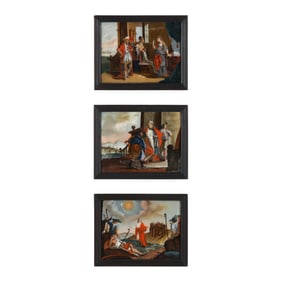 Three Continental Reverse Glass Paintings of Allegorical Scenes