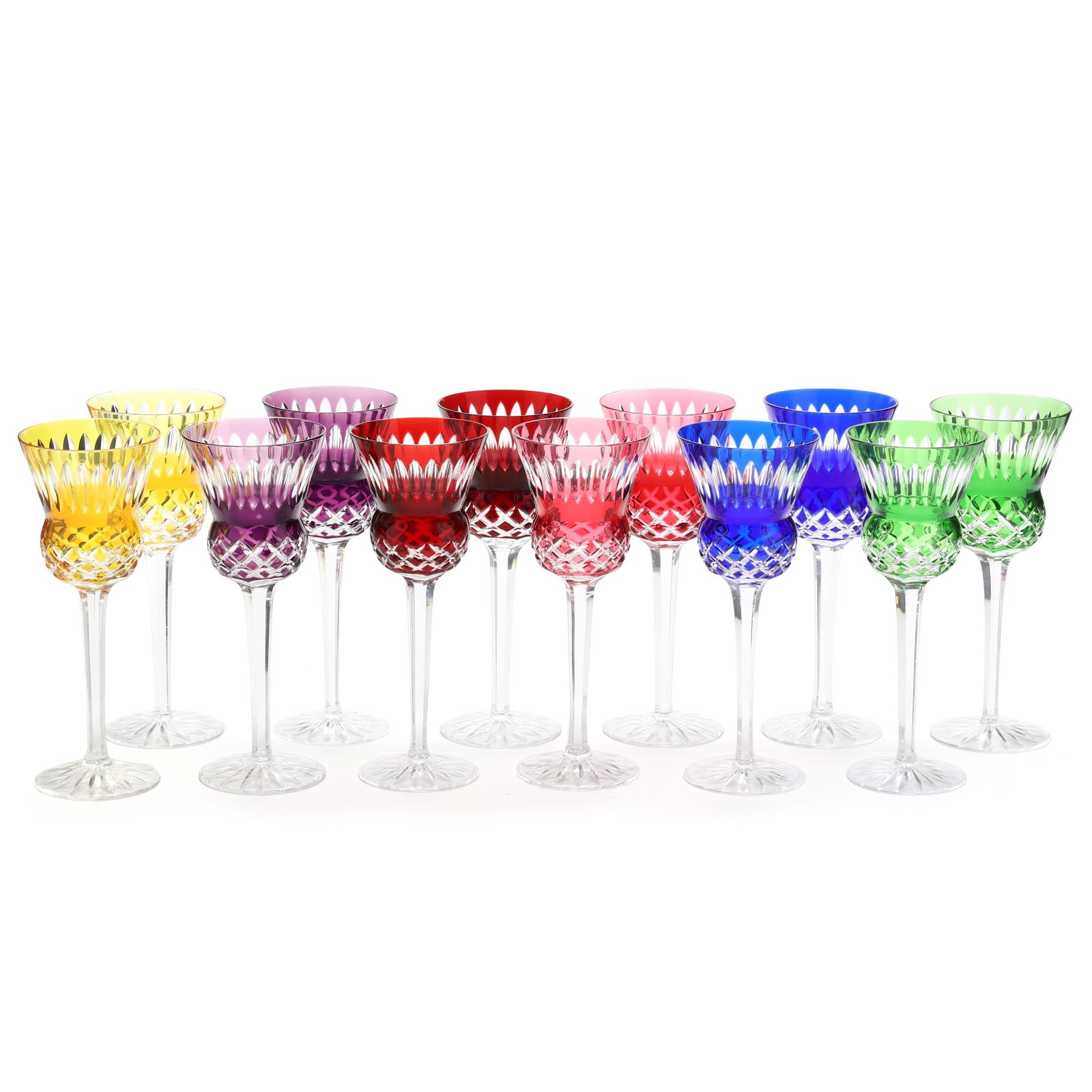 Set of Twelve Multi-Color Cut to Clear Glass Wine Hocks: Set of Twelve Multi-Color Cut to Clear Glass Wine Hocks attributed to Hungary, including (2) green, (2) blue, (2) yellow, (2) red, (2) pink and (2) purple, unmarked. 8.5 in. From the Estate of the lat
