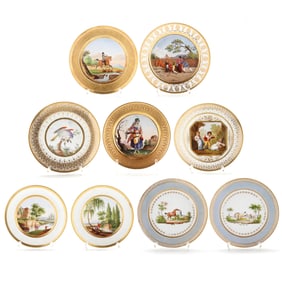 Nine Paris Porcelain and Sevres Figural & Landscape Cabinet Plates