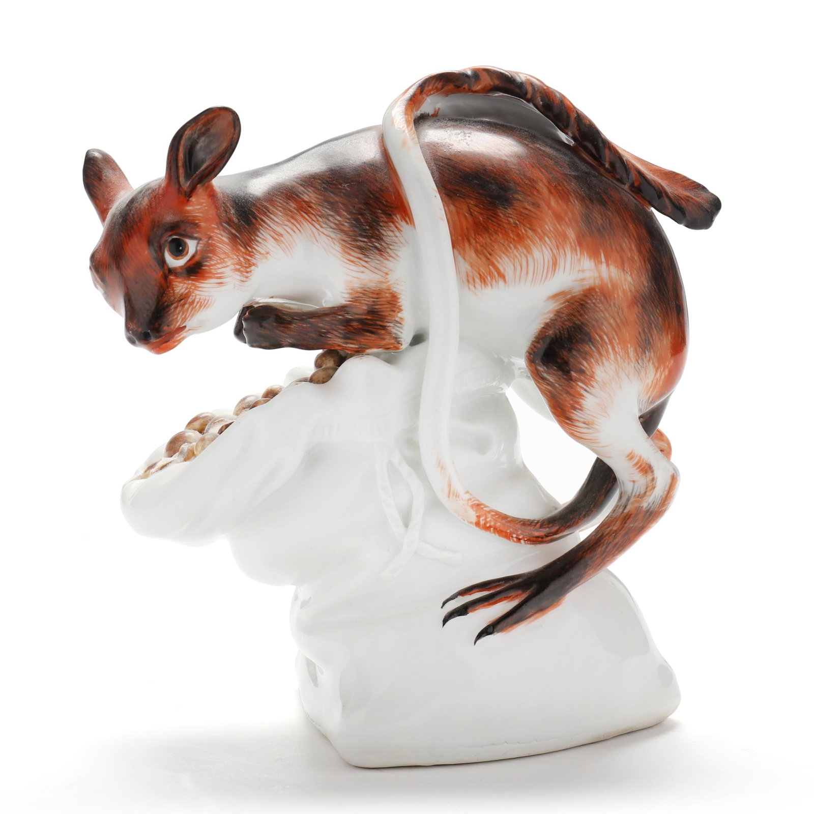 Antique Model of a Jerboa Nibbling Nuts From a Sack: Antique Model of a Jerboa Nibbling Nuts From a Sack Germany, 19th century, after an 18th century Kandler design for Meissen, not marked. 7 x 6 x 4 in. From a Private Collection, Washington, D.C. Addit